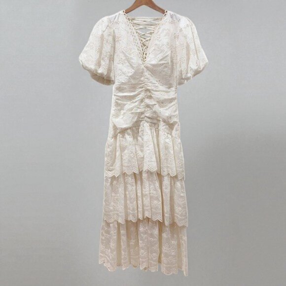 NWT ASTR Eyelet Puff Sleeve Tiered Cotton Midi Dress One Size - Picture 4 of 6